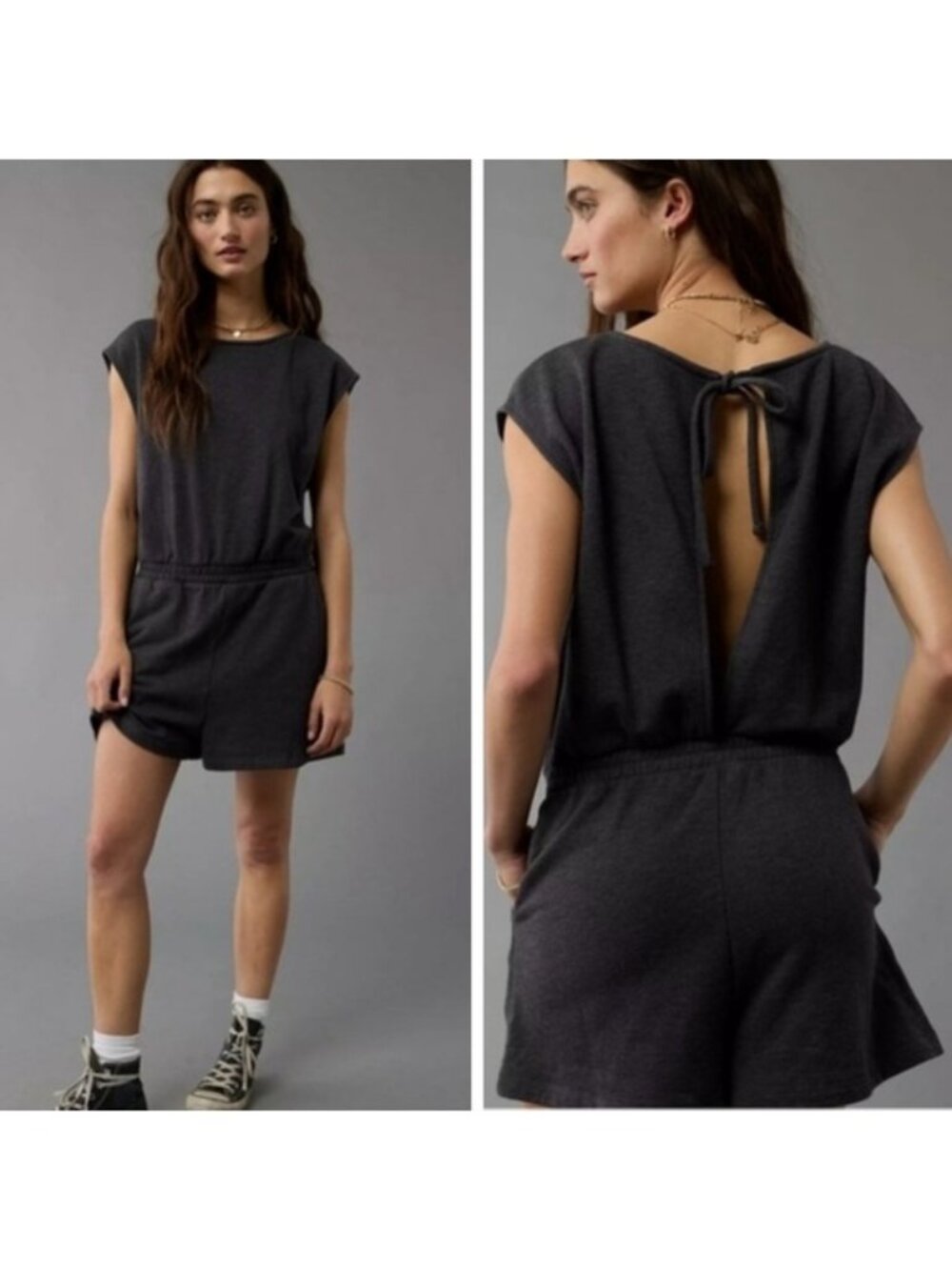American Eagle Gray Open Back Crew Neck Fleece Romper Women's Size Medium